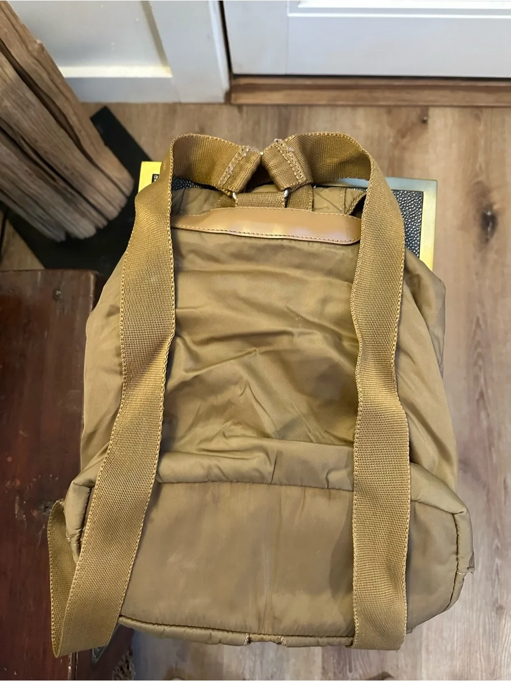 Prada Tan Nylon Drawstring Backpack with Leather Trim